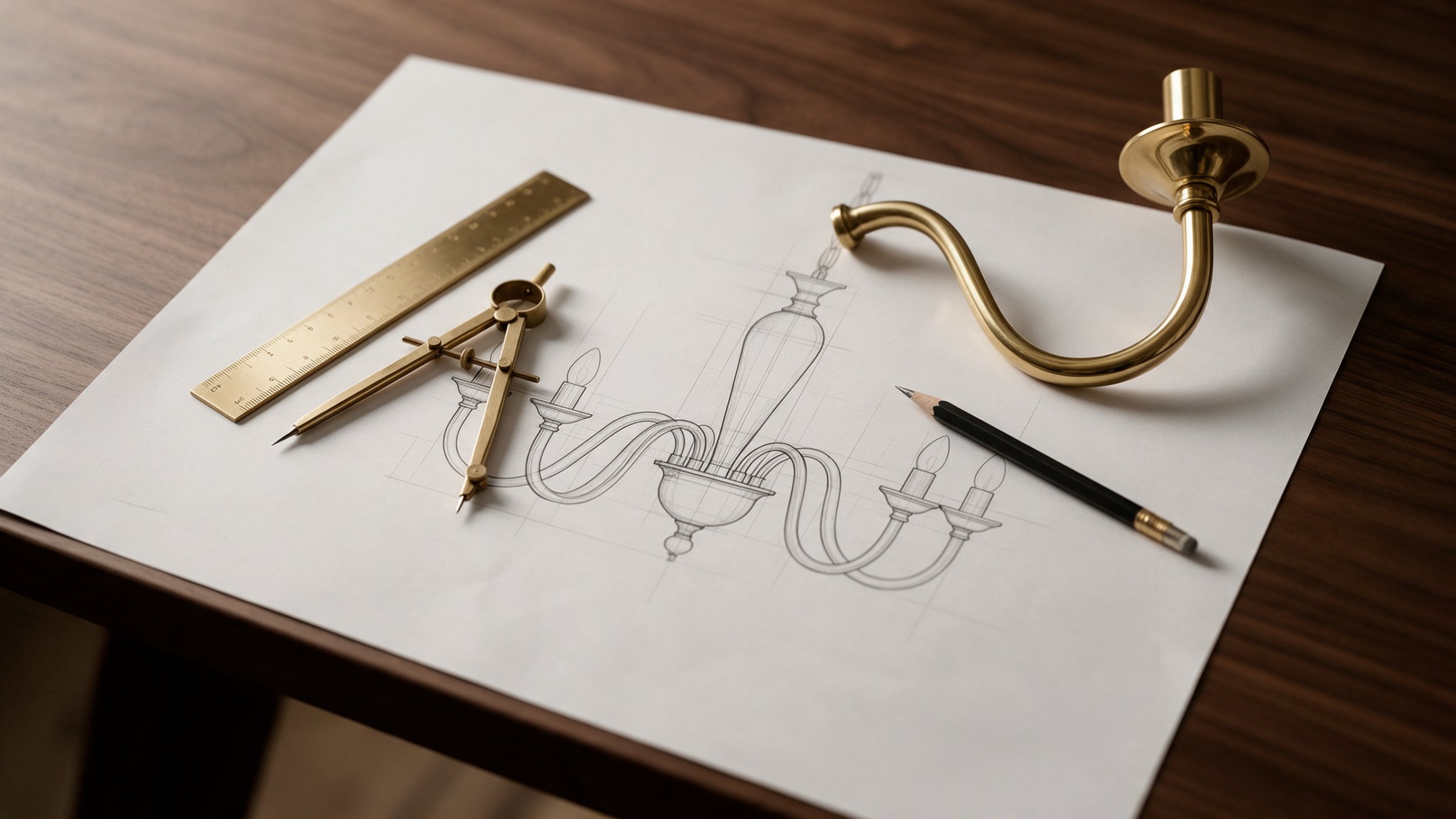 Disegno tecnico in scala 1:1 di un lampadario con strumenti di precisione